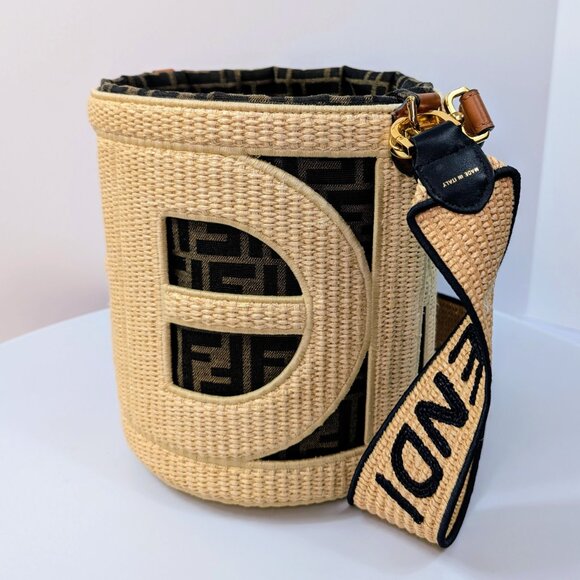 Fendi Step Out Bucket Bag Straw and Zucca Canvas Medium with Rare Strap - Picture 7 of 16